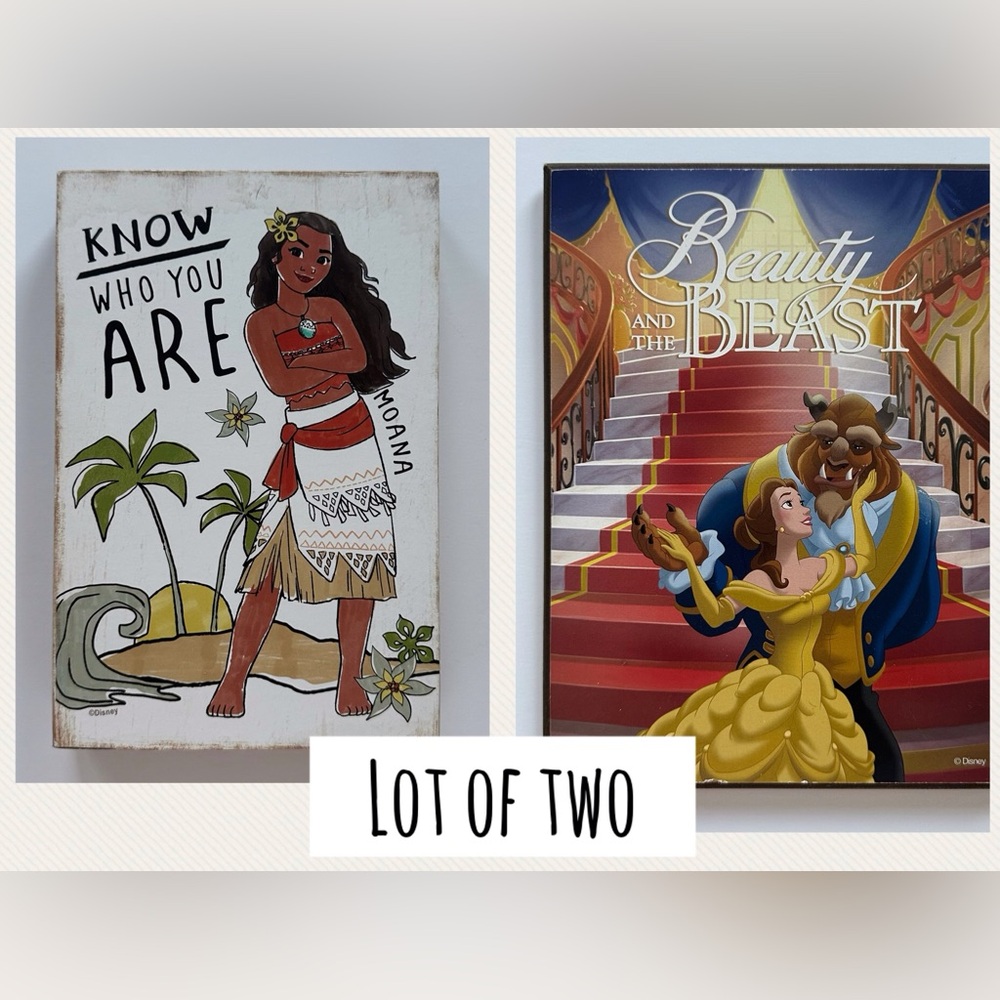 Lot of 2 Disney wall decor‎ or tabletop signs Beauty and the Beast & Moana